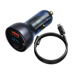   Baseus TZCCKX-0G Szczególny cyfrowy wyświetlacz USB + USB C QC3.0 PD 5A 65W szary ładowarka samochodowa + kabel