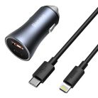 Baseus Golden Contactor Pro ładowarka samochodowa USB + USB-C QC4.0 + PD SCP 40W szara + kabel USB-C iP 1m czarny (TZCCJD-B0G)