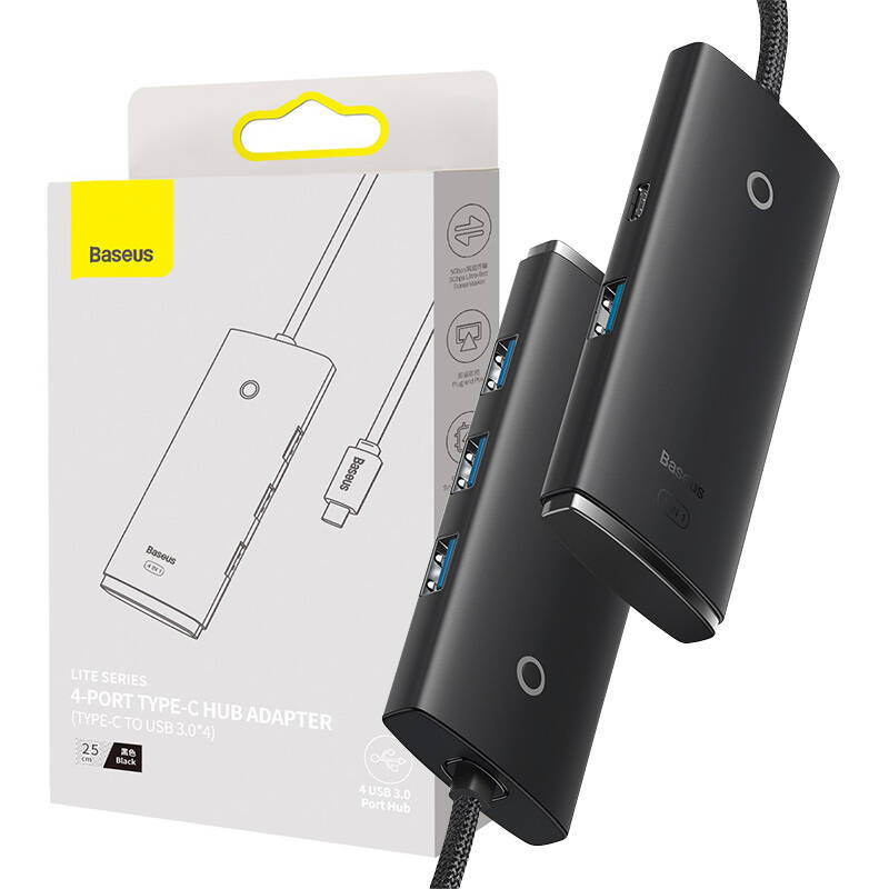 Baseus Lite Series Hub 4in1 adaptér USB-C 4x USB 3.0 + USB-C, 25cm čierny (WKQX030301)