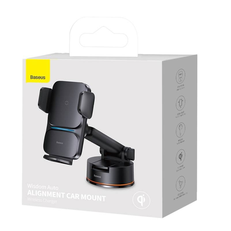 Baseus Wisdom CGZX000101, QI 15W, suction cup, black car holder with wireless charger