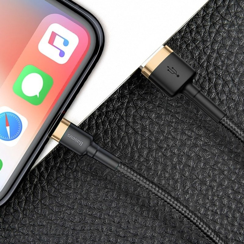 Baseus CALKLF-RV1 Cafule 3m USB/Lightning gold-black data and charging cable.