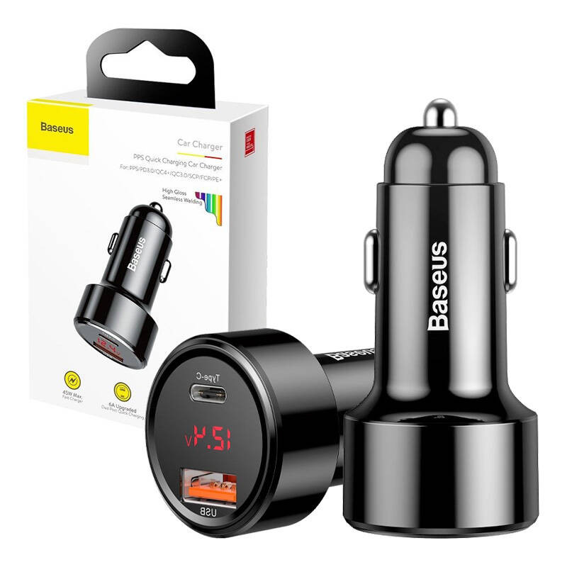 Baseus Magic Series 45W Type-C USB/QC USB digital display black car charger