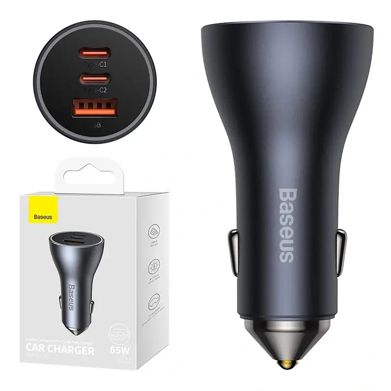 Baseus Golden Contactor Pro CGJP010013 1xUSB, 2xUSB-C, 65W, dark gray car fast charger