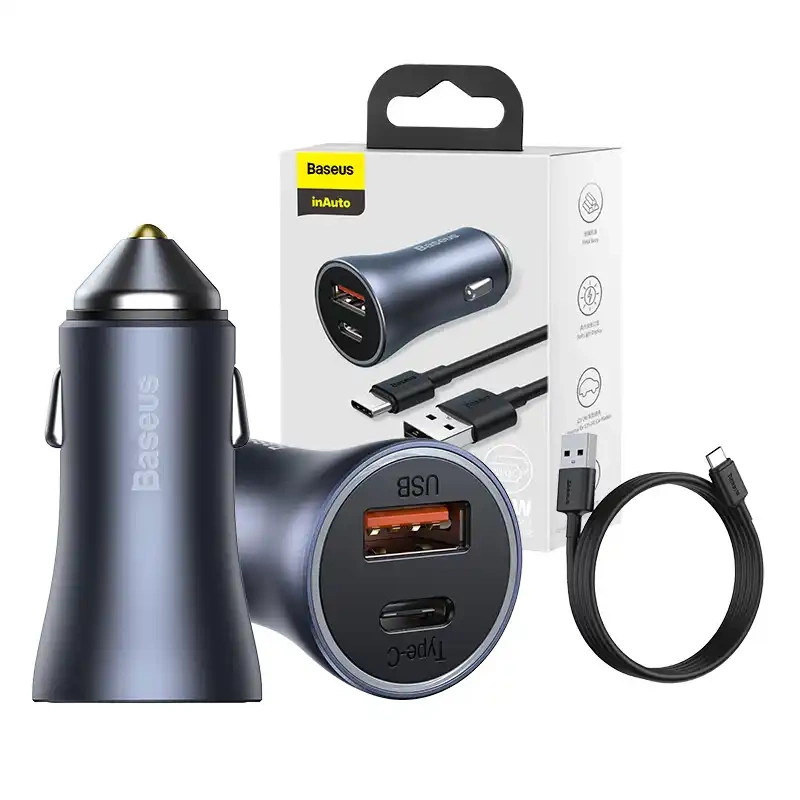 Baseus Golden Contactor Pro car charger, USB + USB-C, QC4.0 +, PD, SCP, 40 W, gray + USB-USB-C cable 1m, black (TZCCJD-0G)