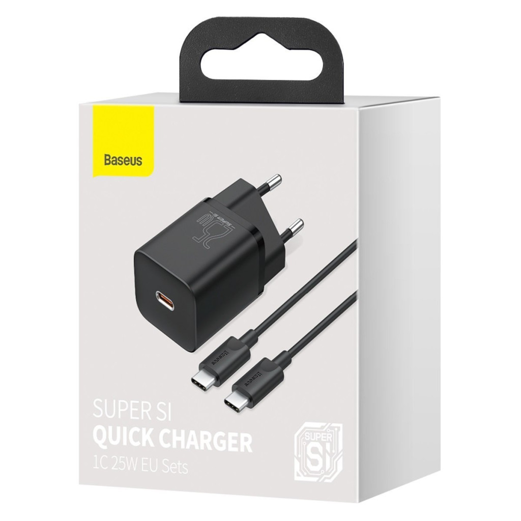 Baseus Super Si 1C 25W szybka ładowarka adapter, z kablem USB-C-USB-C, 1m, czarny (TZCCSUP-L01)