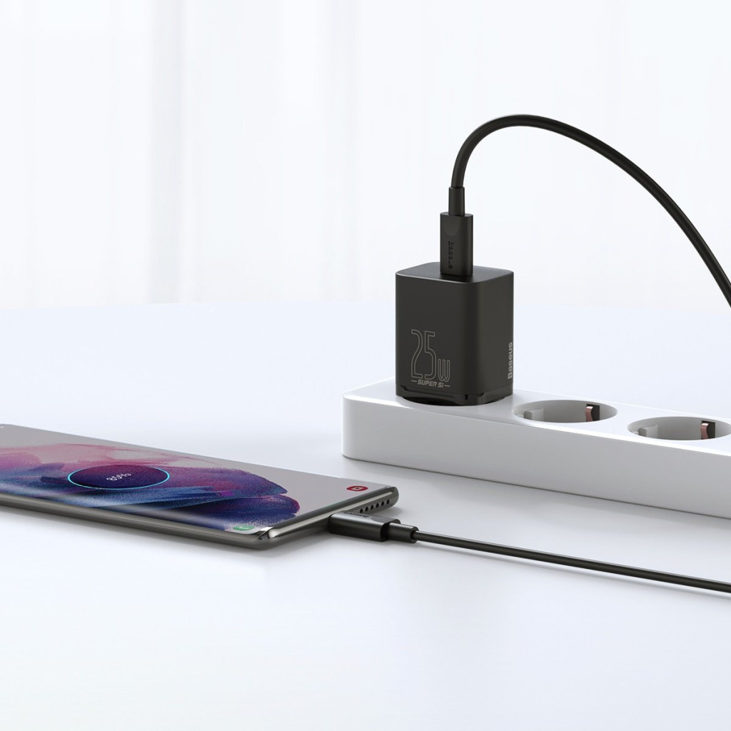 Baseus Super Si 1C 25W szybka ładowarka adapter, z kablem USB-C-USB-C, 1m, czarny (TZCCSUP-L01)